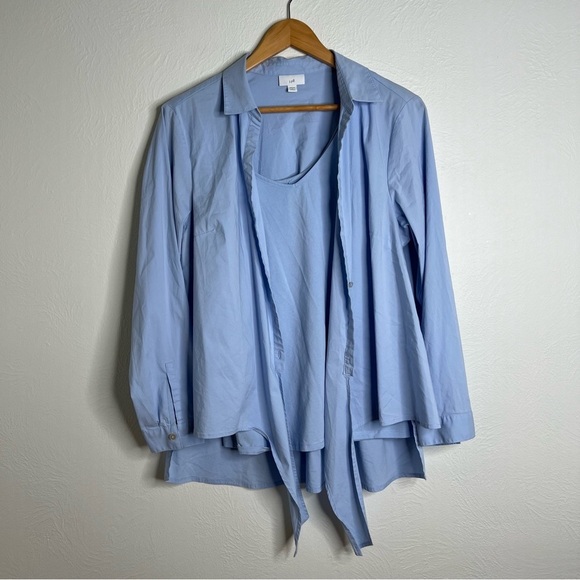 J Jill Two Piece Blouse Cami Set Blue Cotton Blend Button Down Tie Front Size 1X - Picture 11 of 11